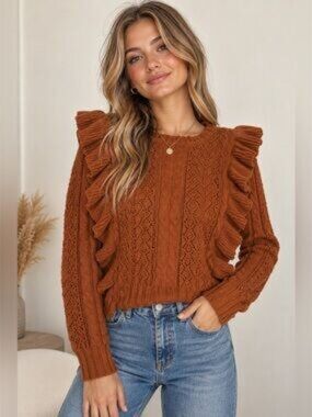 Sézane x Manoush Marva Ruffle Cable Knit Merino Wool Sweater Brown M